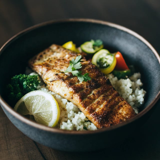 Grilled Fish Cauliflower Rice Bowl