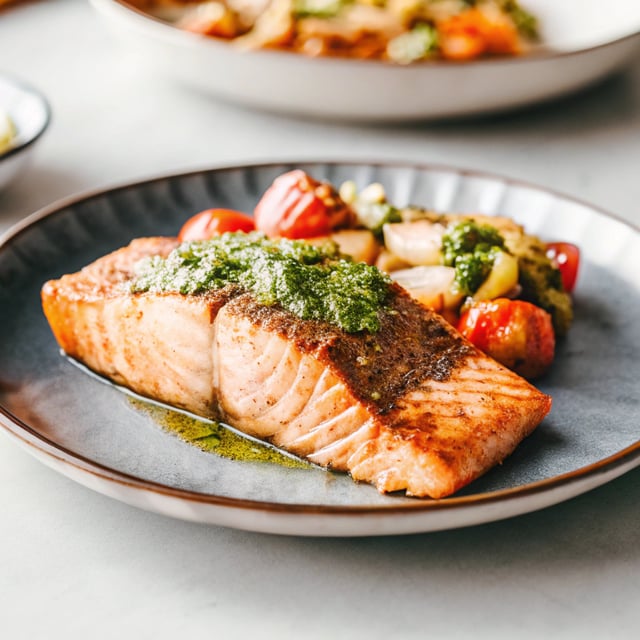 Pan Seared Salmon with an Herb Pesto Vinaigrette