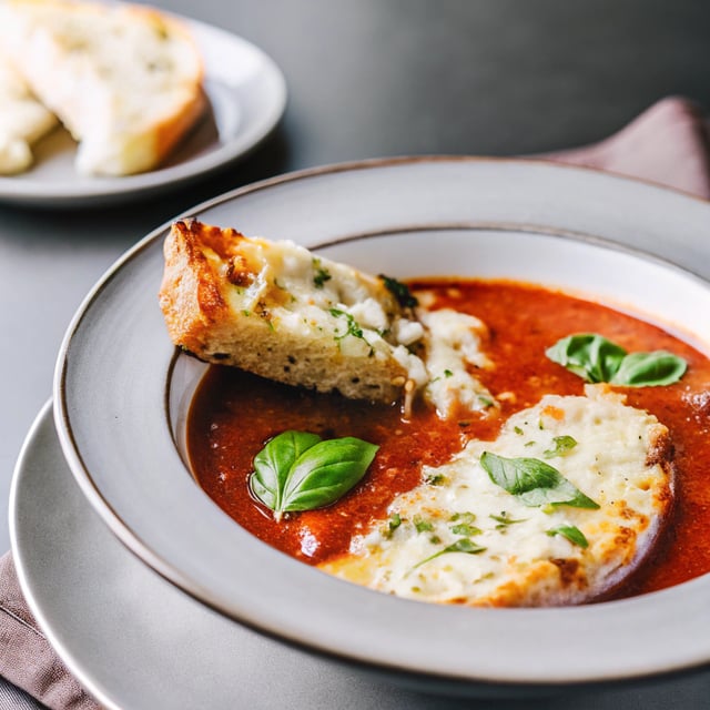 Roasted Tomato Basil Soup with Cheesy Garlic Bread
